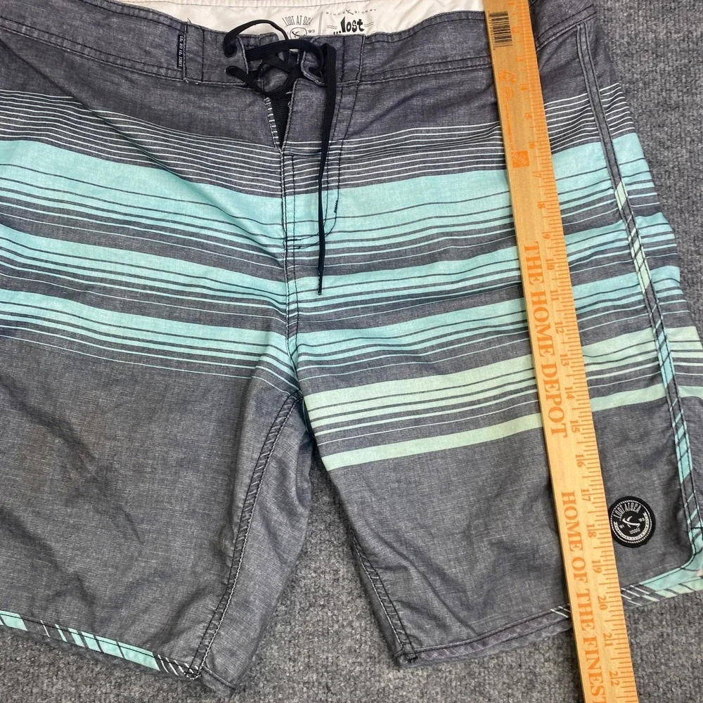 Lost Enterprises Mens Board Shorts Grey Teal Striped Lost At Sea Swim VTG